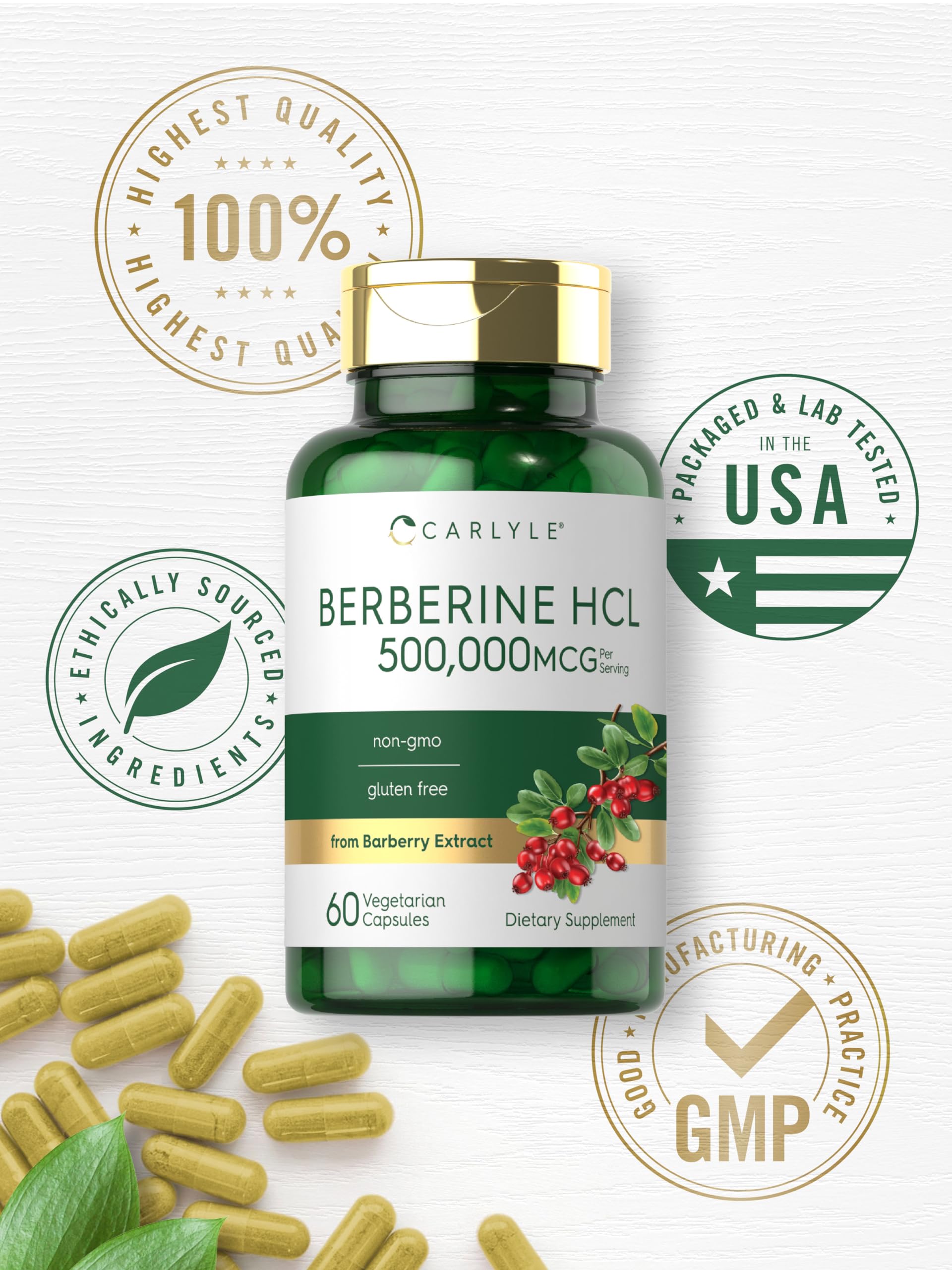 Carlyle Berberine HCL capsules being poured from bottle for daily routine use.