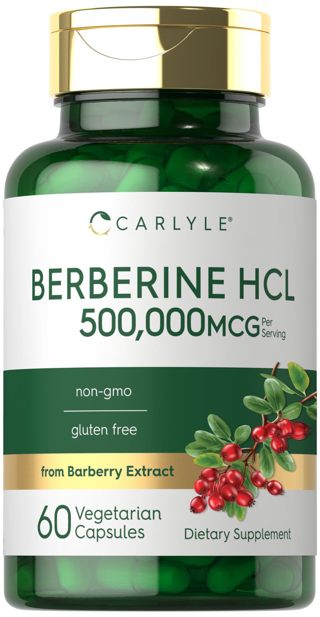 Carlyle Berberine HCL supplement bottle with 60 vegetarian capsules for gluten-free wellness.