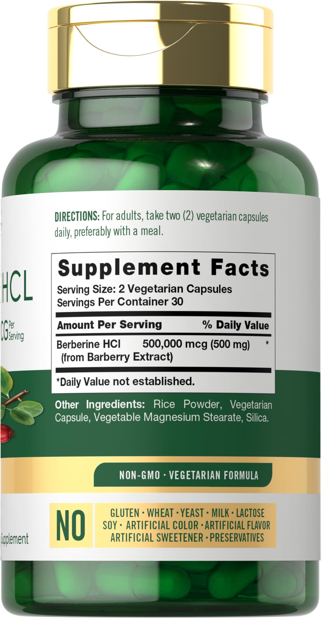 Carlyle Berberine HCL capsules close-up highlighting vegetarian formula and trusted ingredients.