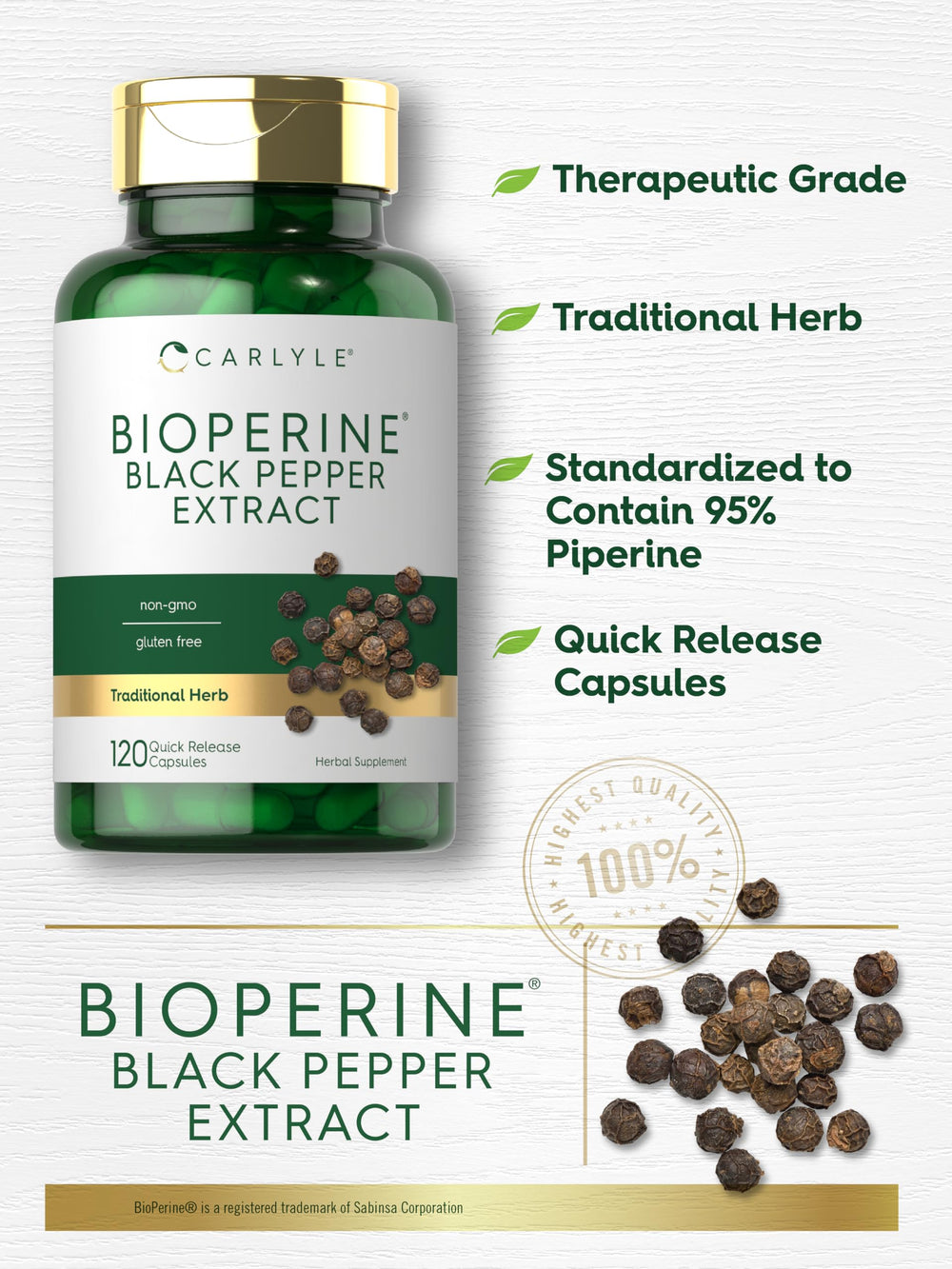 Etiqueta Carlyle Bioperine señala ausencia de gluten.