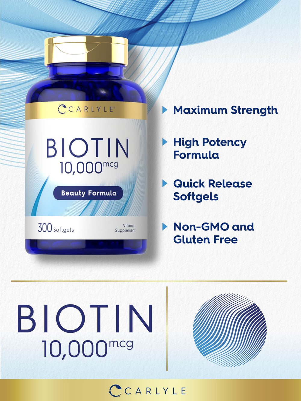 Carlyle Biotin 10000mcg softgels bottle shows gluten-free and non-GMO claims.