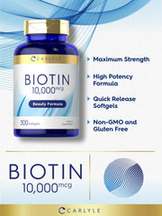 Carlyle Biotin 10000mcg softgels bottle shows gluten-free and non-GMO claims.