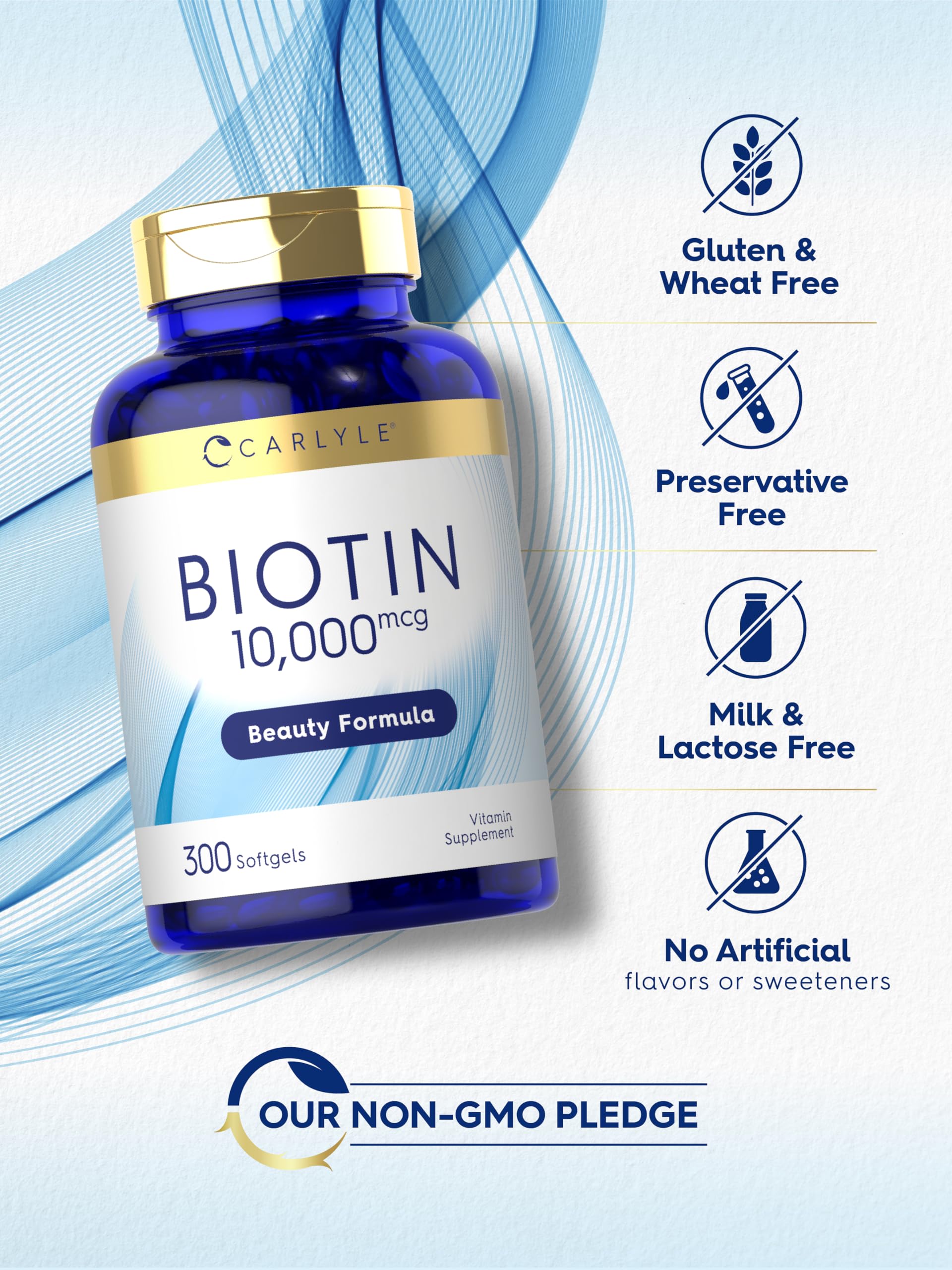 Carlyle Biotin 10000mcg softgels closeup reveals rapid-release capsule.