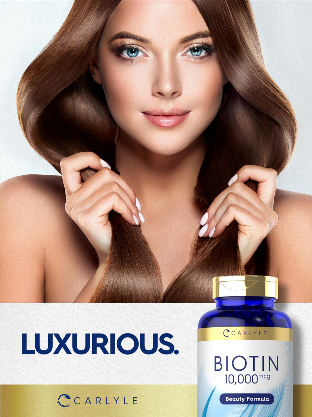 Carlyle Biotin 10000mcg softgels on a clean label bottle.