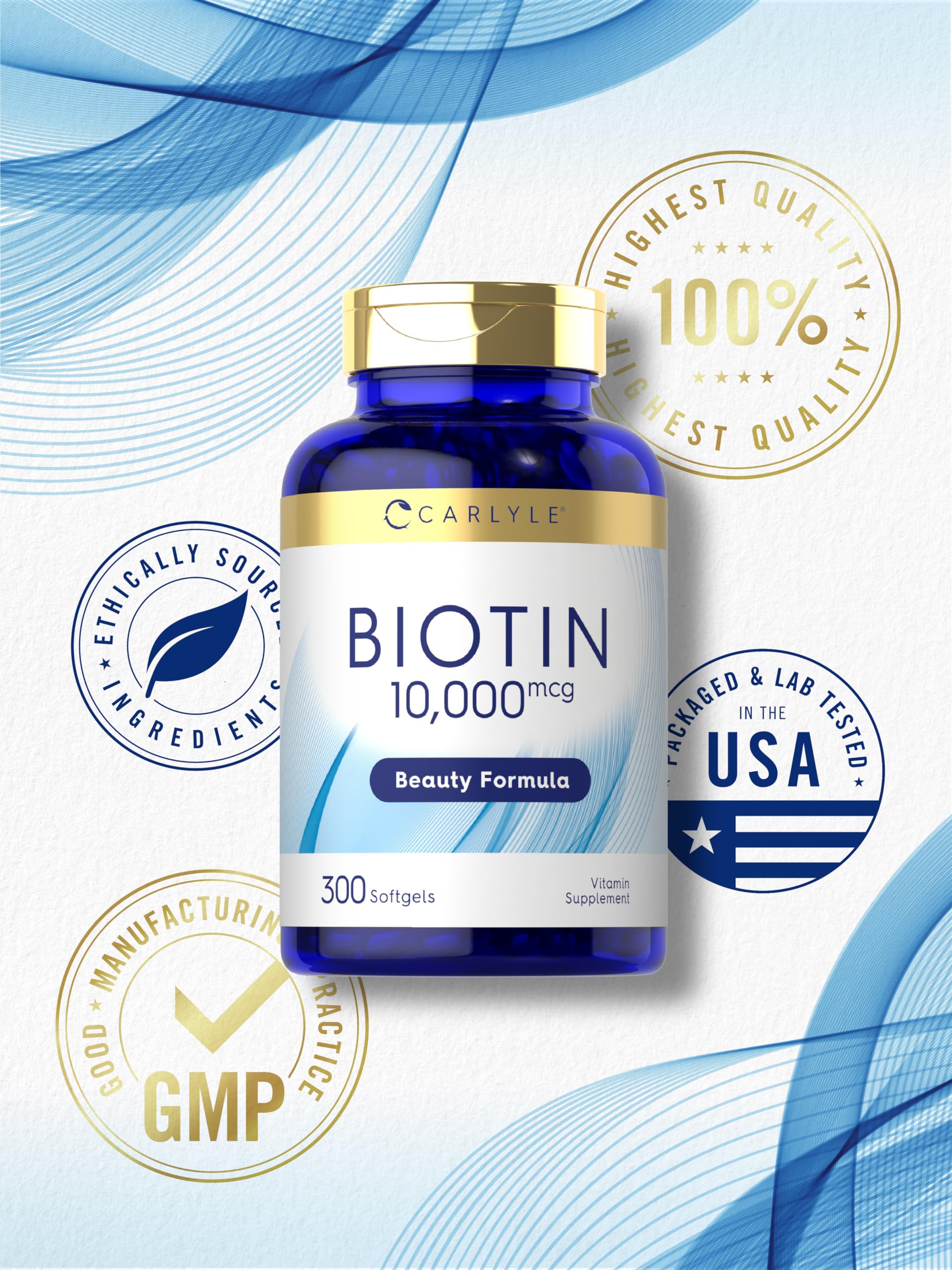 Carlyle Biotin 10000mcg softgels beside a morning routine.