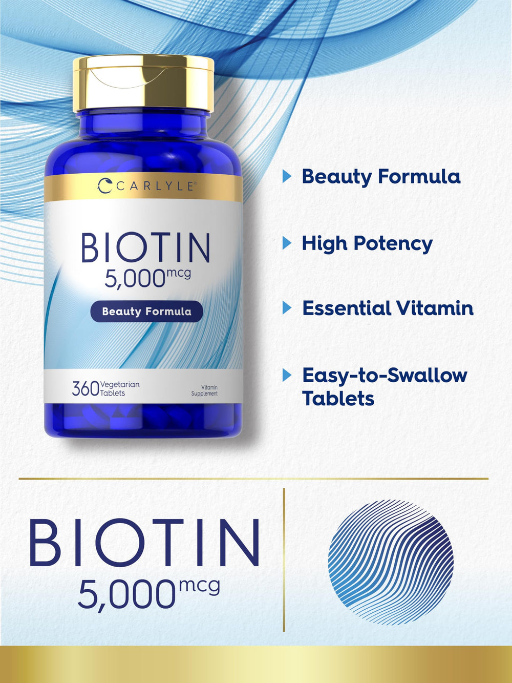 Carlyle Biotin 5000mcg icon shows gluten-free non-GMO purity claim