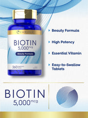 Carlyle Biotin 5000mcg icon shows gluten-free non-GMO purity claim