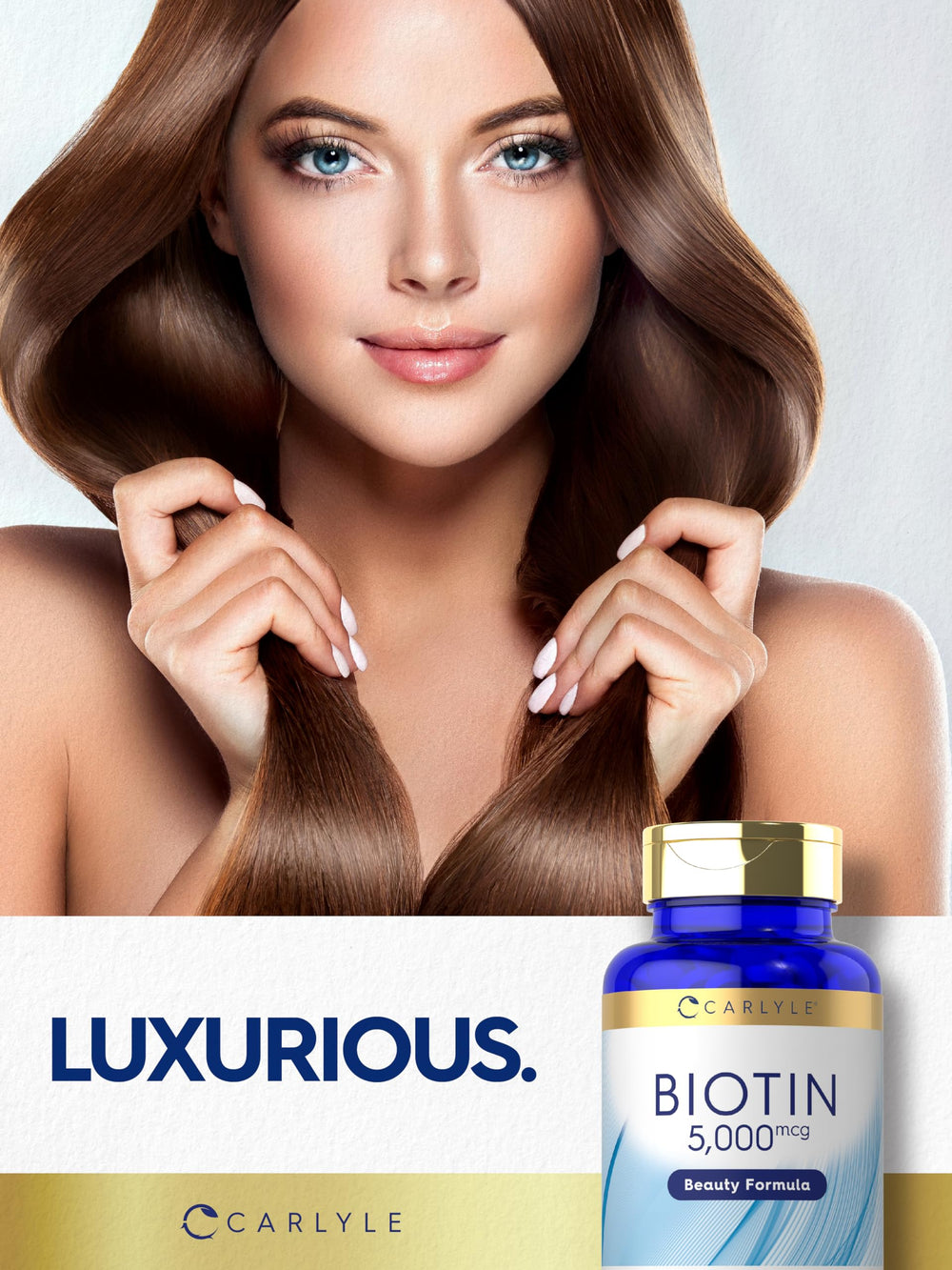 Carlyle Biotin 5000mcg symbol shows non-GMO gluten-free attributes