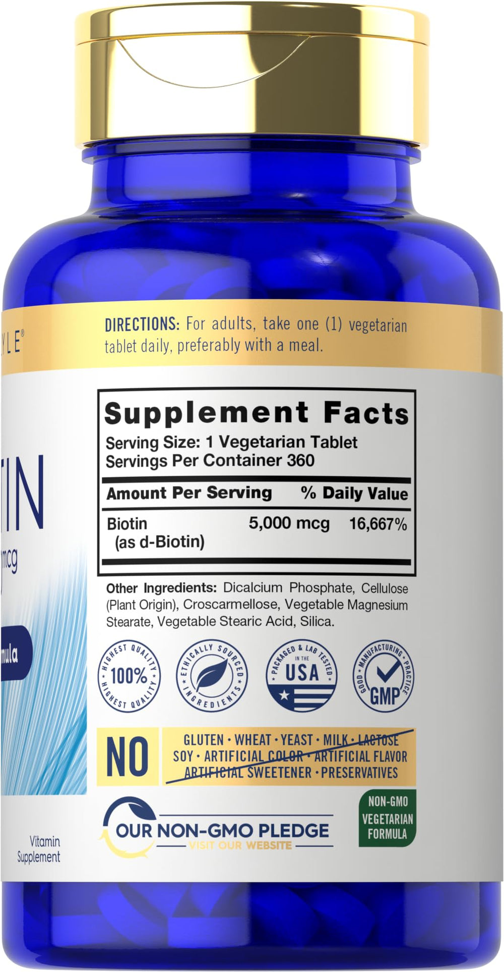 Carlyle Biotin 5000mcg tablet close-up highlighting high-strength formula