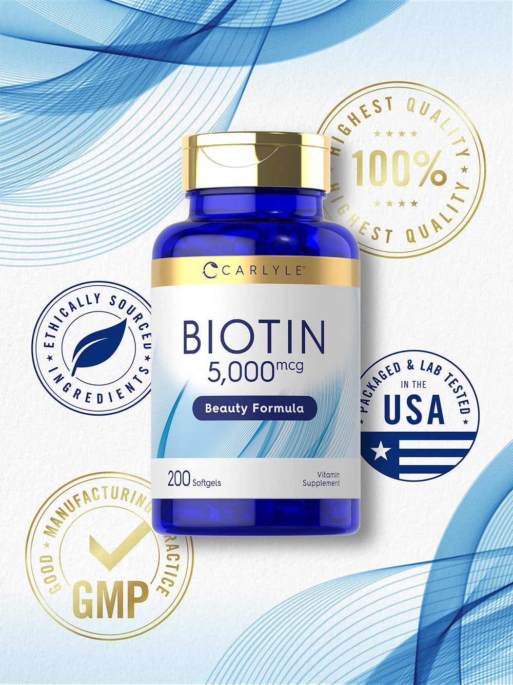 Carlyle Biotin bottle on a vanity for everyday wellness