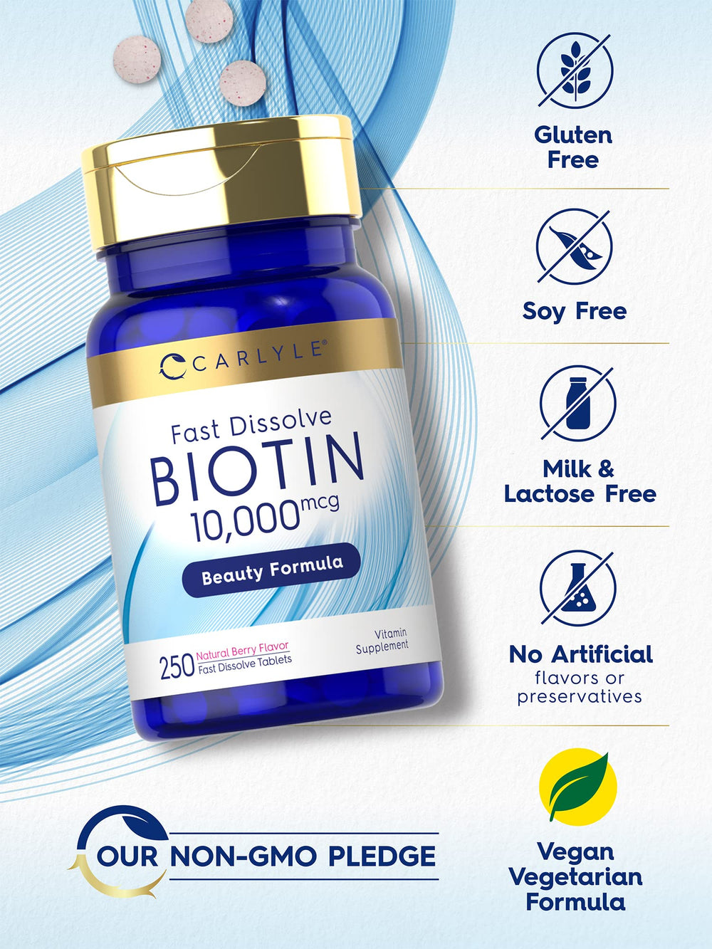 Carlyle Biotin gluten free non GMO packaging emphasizes allergen conscious choice