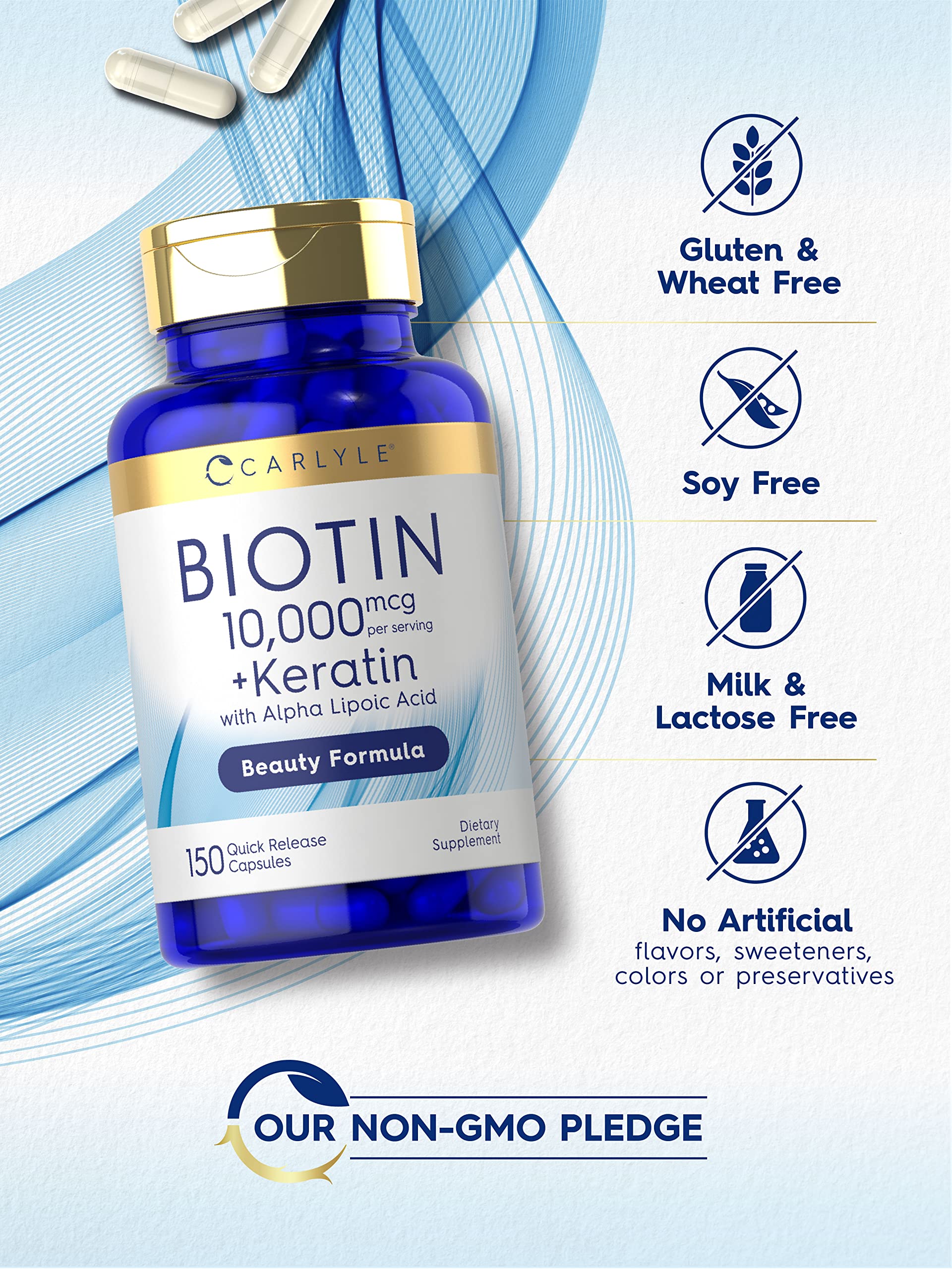 Carlyle Biotin gluten-free label signals clean, non-GMO supplement.