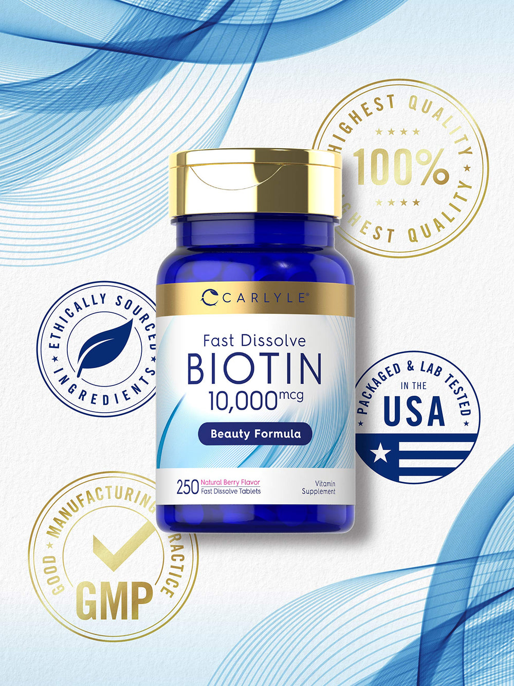 Carlyle Biotin lab tested ingredients seal indicating quality