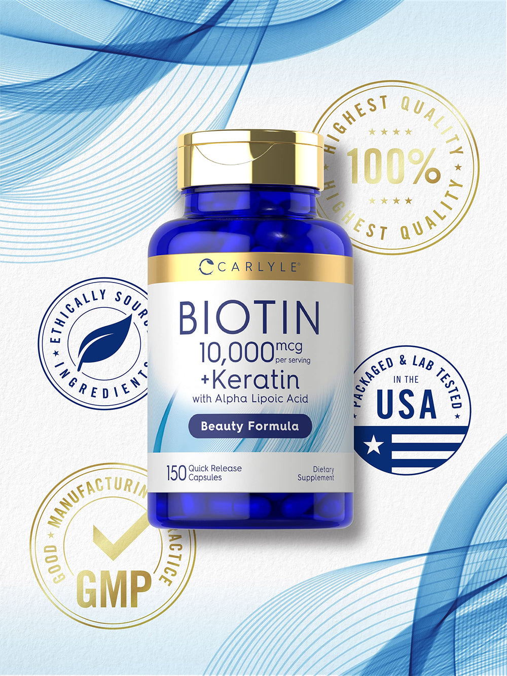 Carlyle Biotin lab-tested ingredients seal conveys trusted quality.