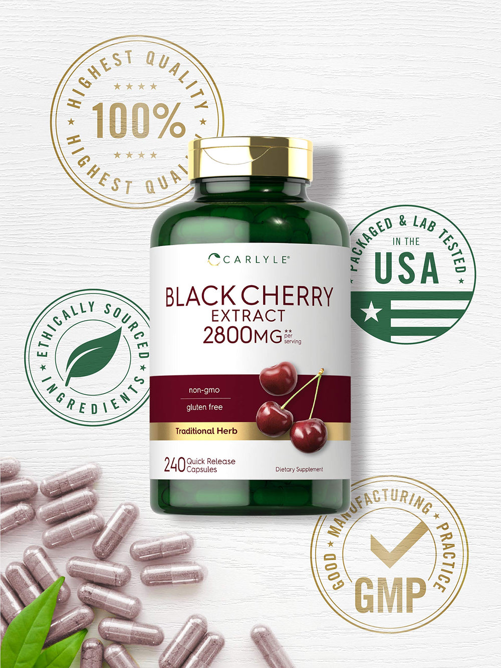 Serving scoop beside Carlyle Black Cherry Extract capsules.