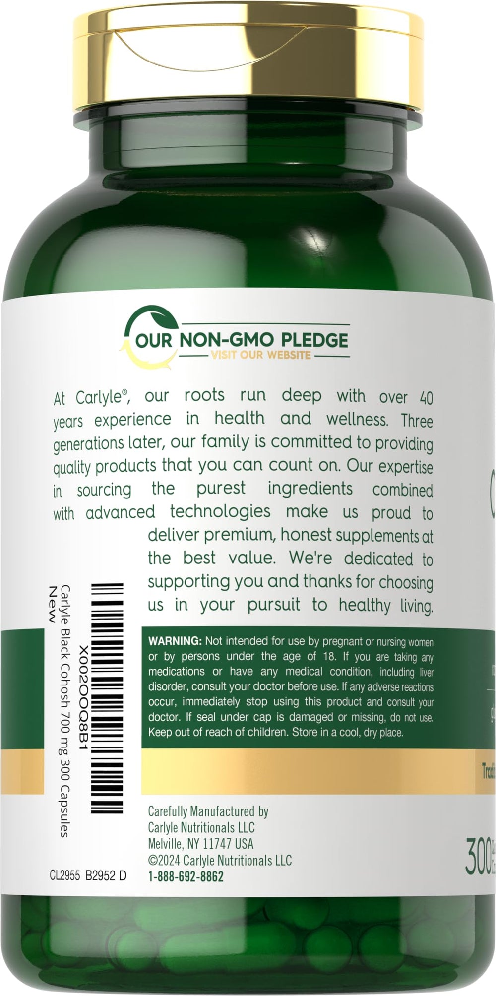 Carlyle Black Cohosh bottle label shows gluten-free and non-GMO formula