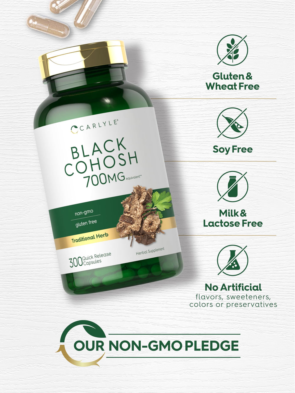 Carlyle Black Cohosh capsules poured from bottle for convenient daily intake