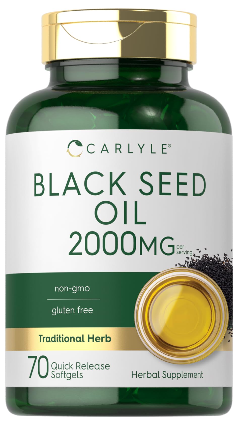 Carlyle Black Seed Oil softgels bottle highlights premium daily wellness packaging.