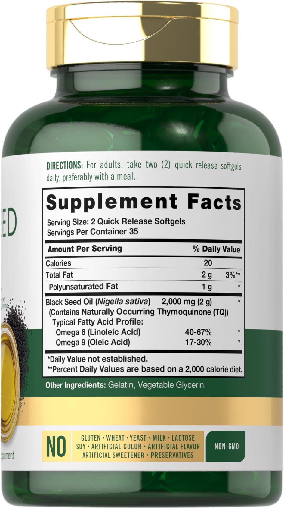 Carlyle Black Seed Oil softgels capsules closeup shows smooth capsules and quality.