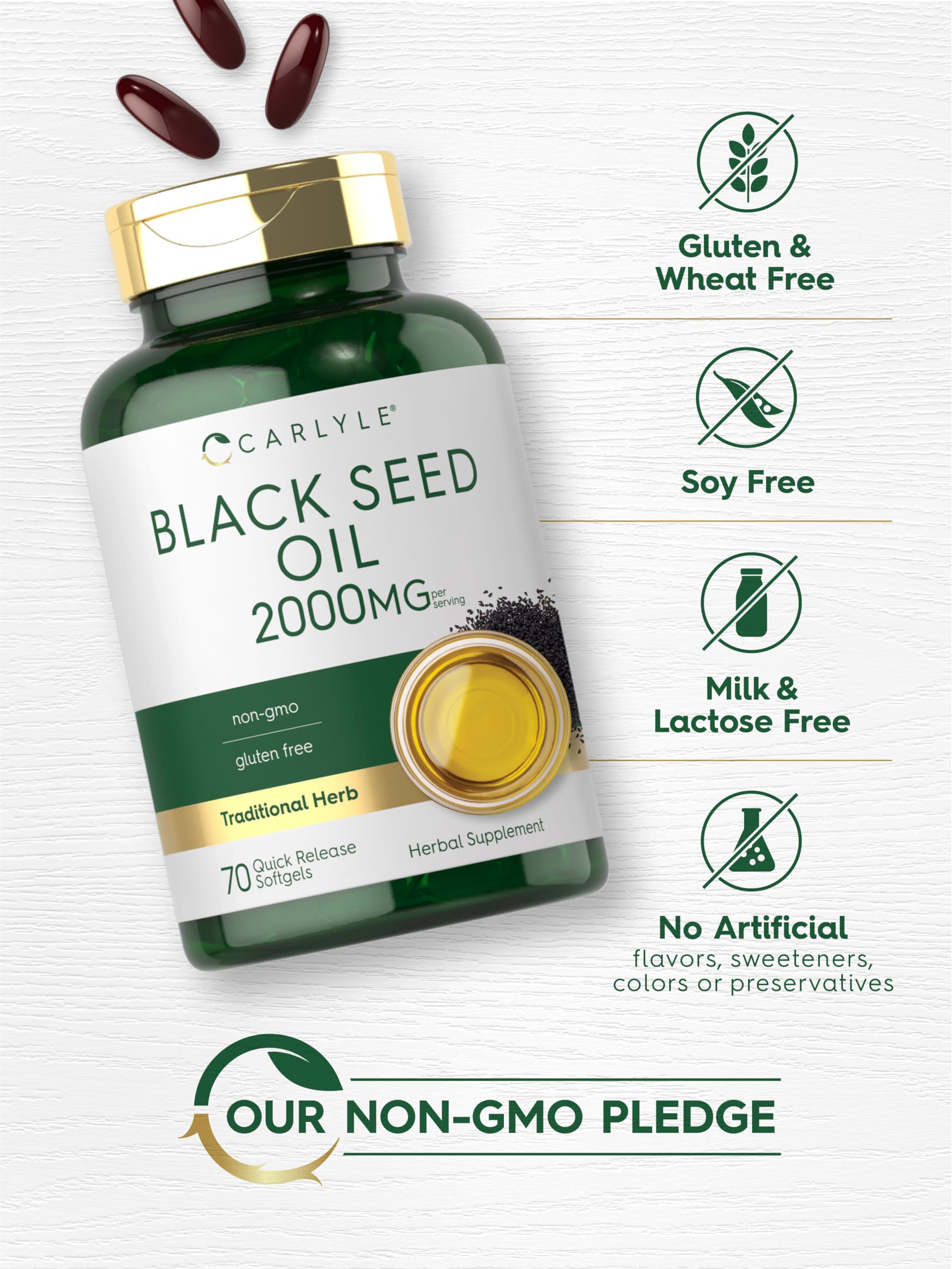 Carlyle Black Seed Oil softgels packaging details 70 pills at 2000 mg.