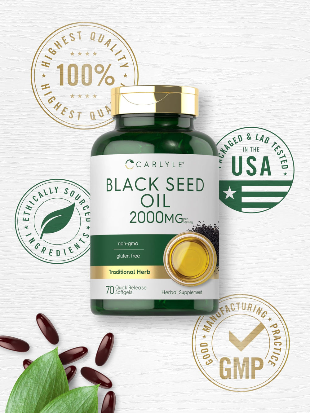 Carlyle Black Seed Oil softgels lifestyle shot for women and men use.