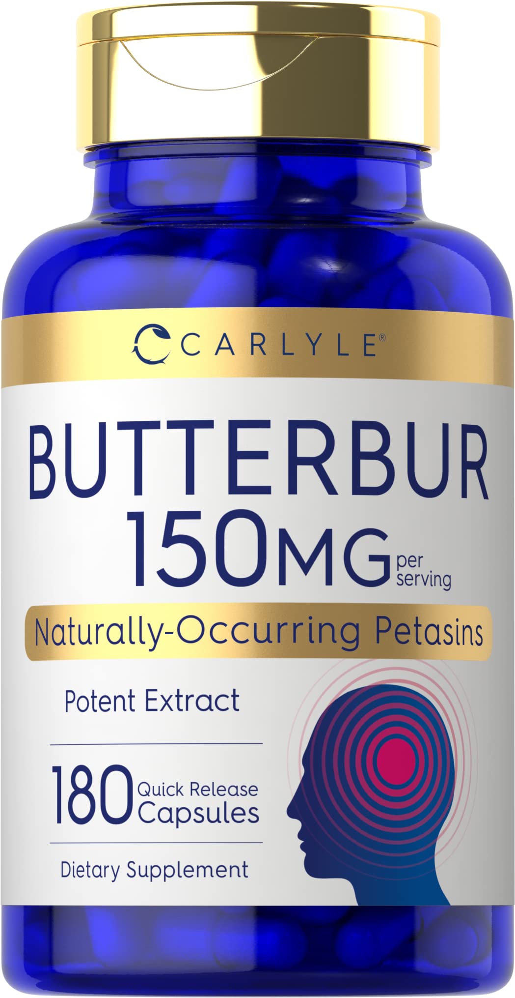 Carlyle Butterbur 150 mg bottle with capsules for daily potential neurological support.