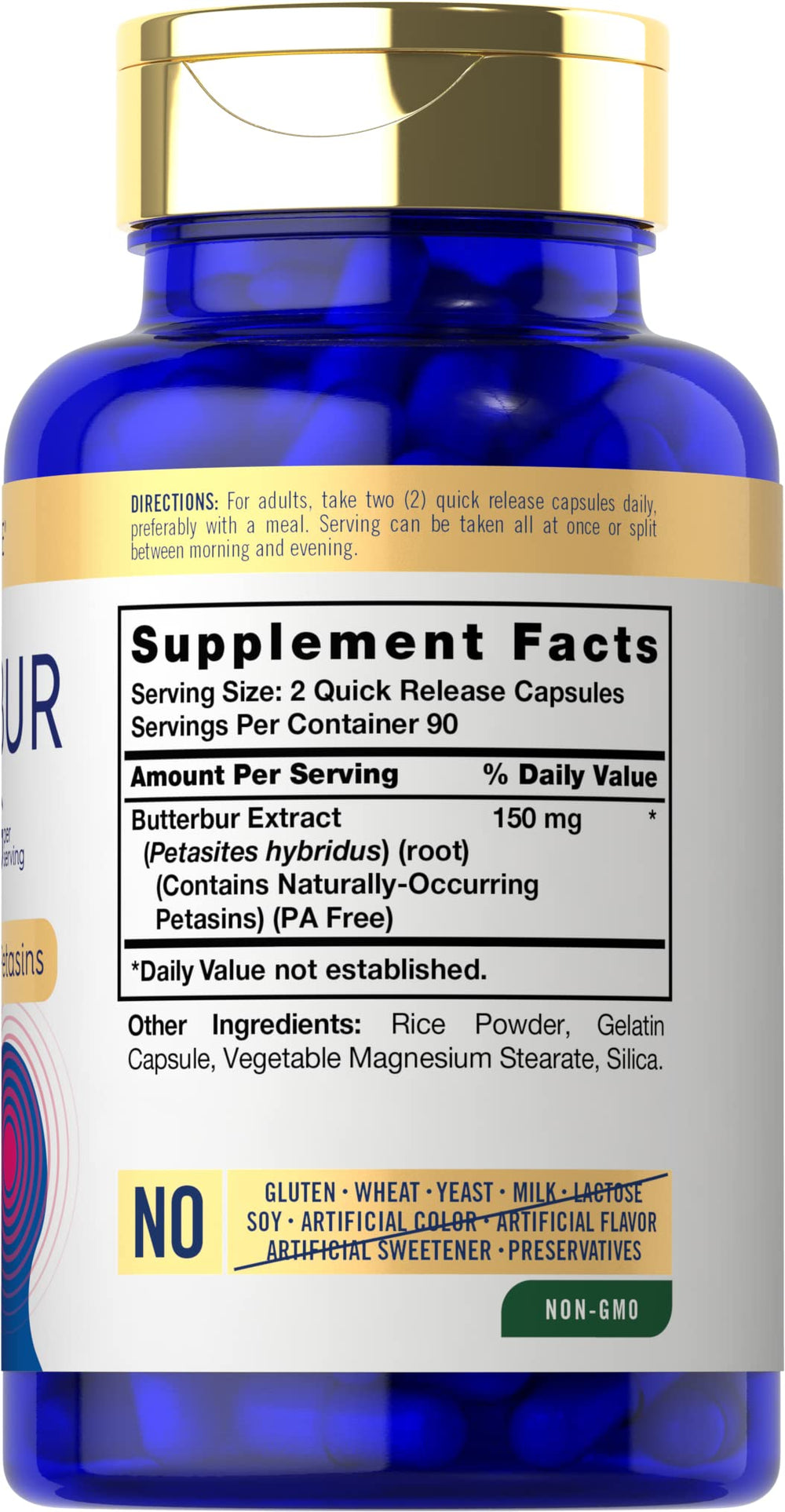 Carlyle Butterbur 180 capsules pack highlighting non-GMO, gluten-free formula.