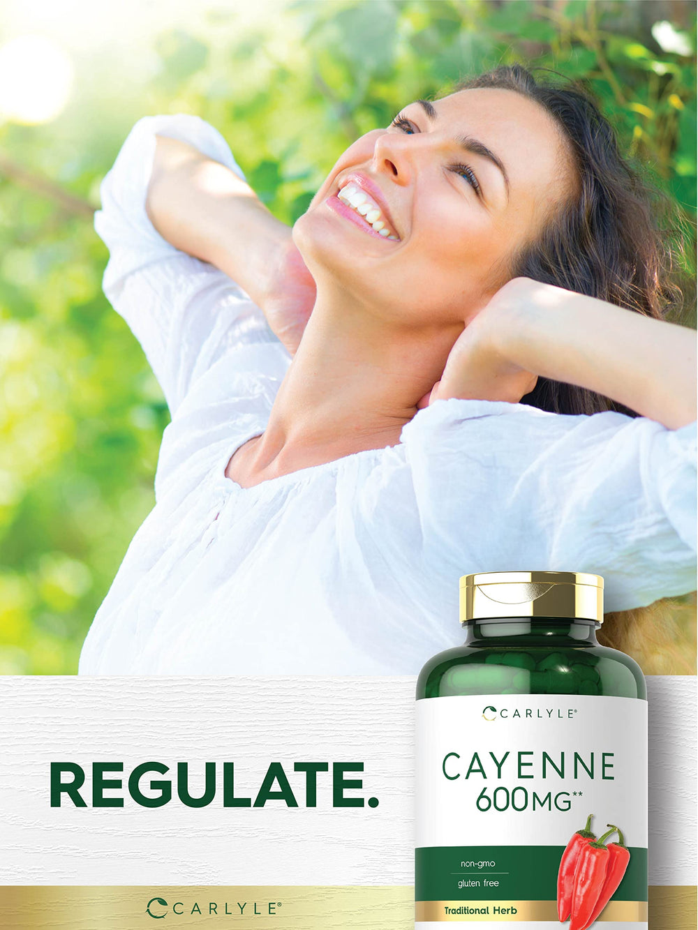 Carlyle Cayenne Pepper allergen-free icons confirm gluten-free and soy-free features.