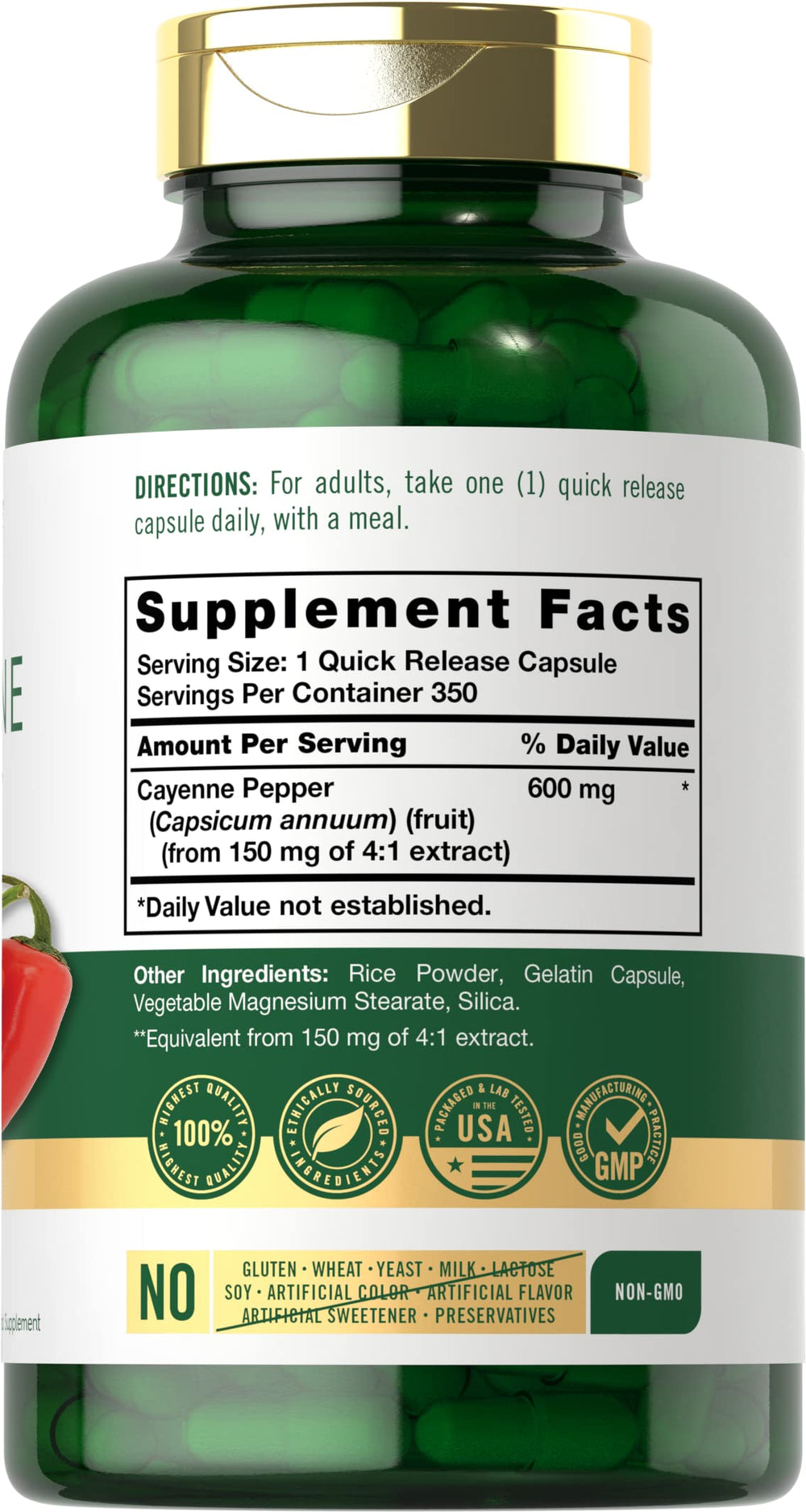 Carlyle Cayenne Pepper Capsules bottle-label-closeup highlights trusted ingredients and quality.