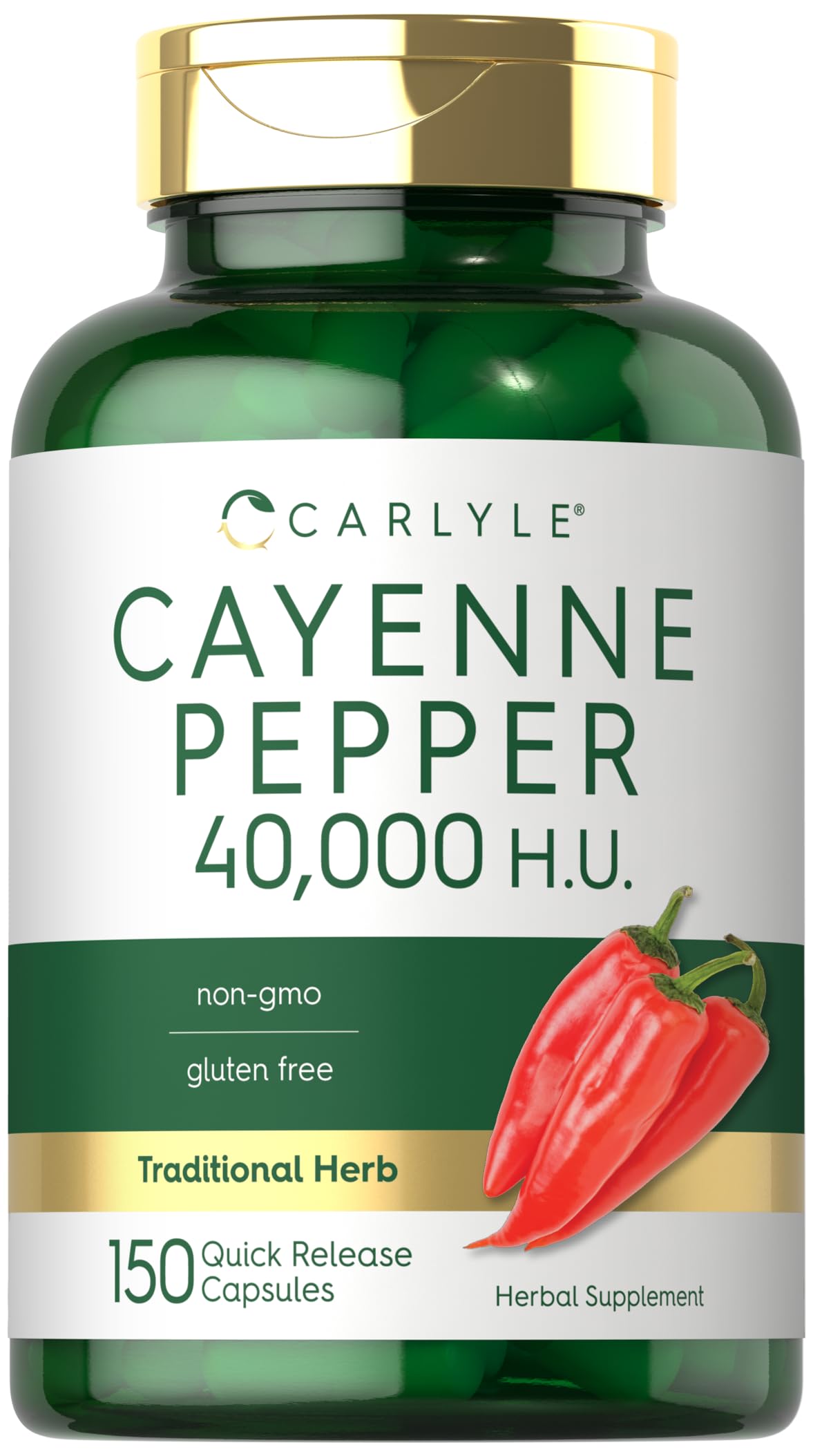 Carlyle Cayenne Pepper Capsules bottle, easy daily supplement for wellness