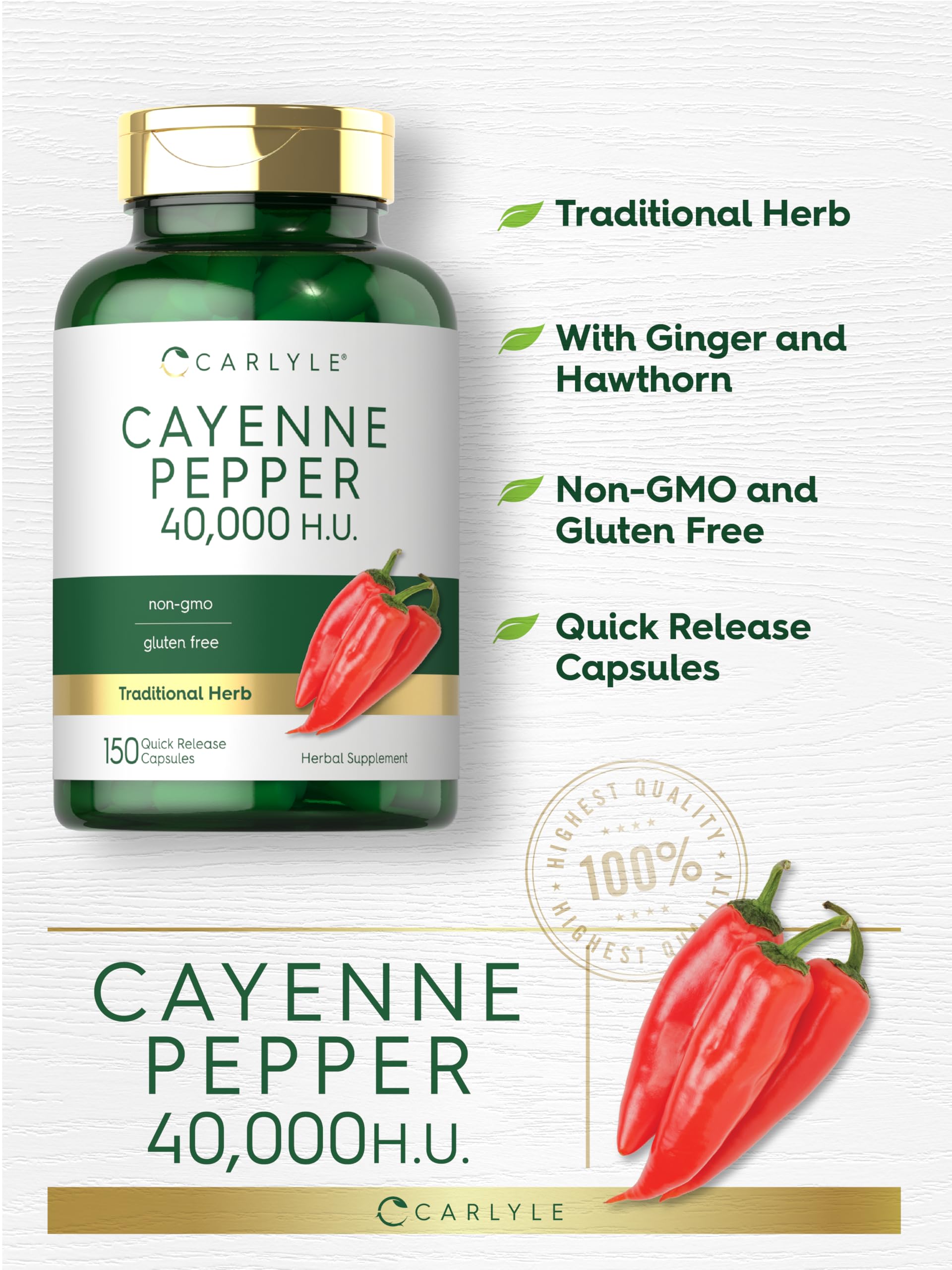 Carlyle Cayenne Pepper Capsules ginger root and hawthorn berry visuals
