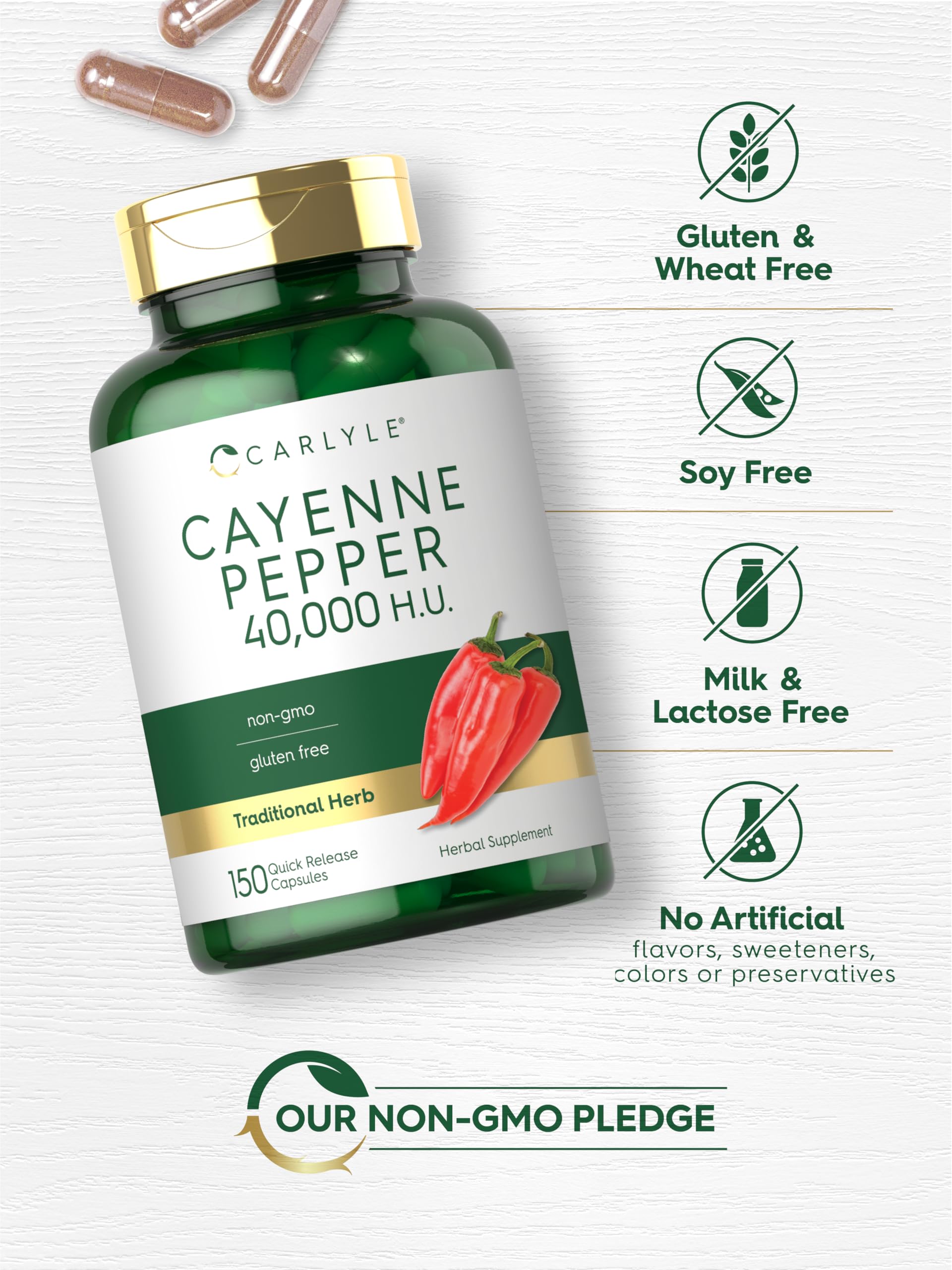Carlyle Cayenne Pepper Capsules packaging highlights gluten-free and non-GMO
