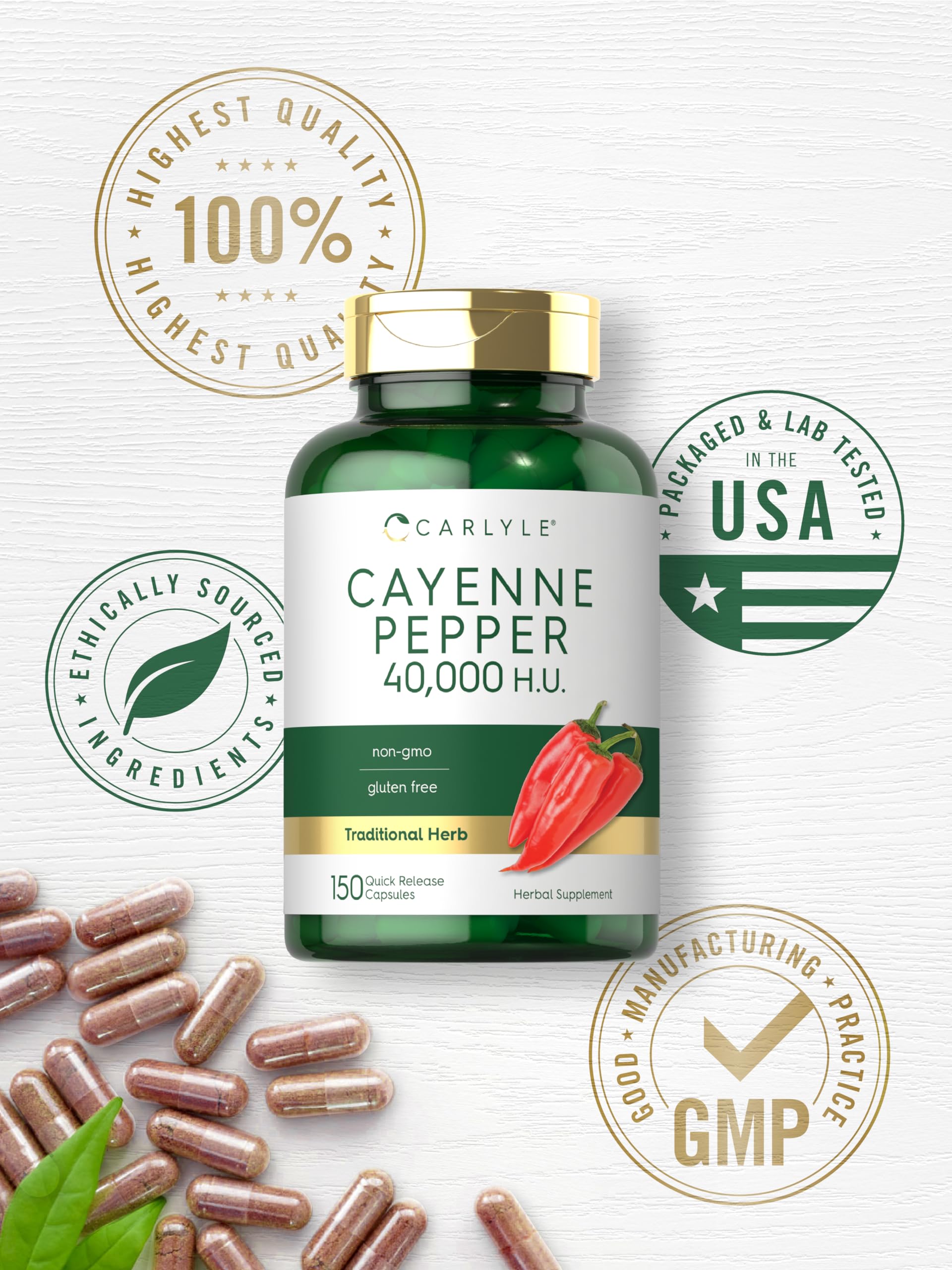 Carlyle Cayenne Pepper Capsules ingredients panel with 450 mg per serving