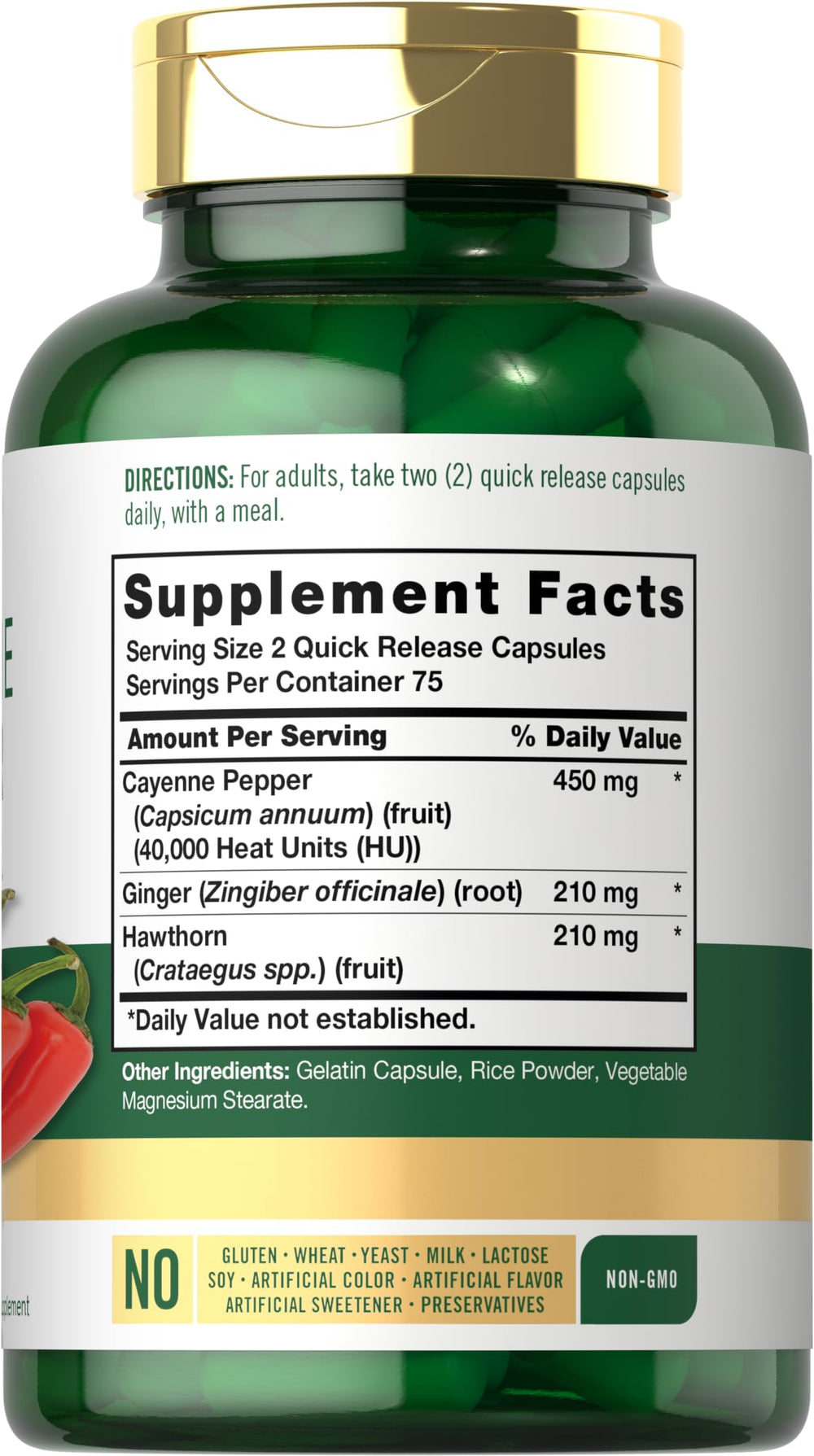 Carlyle Cayenne Pepper Capsules label front shows non-GMO claim