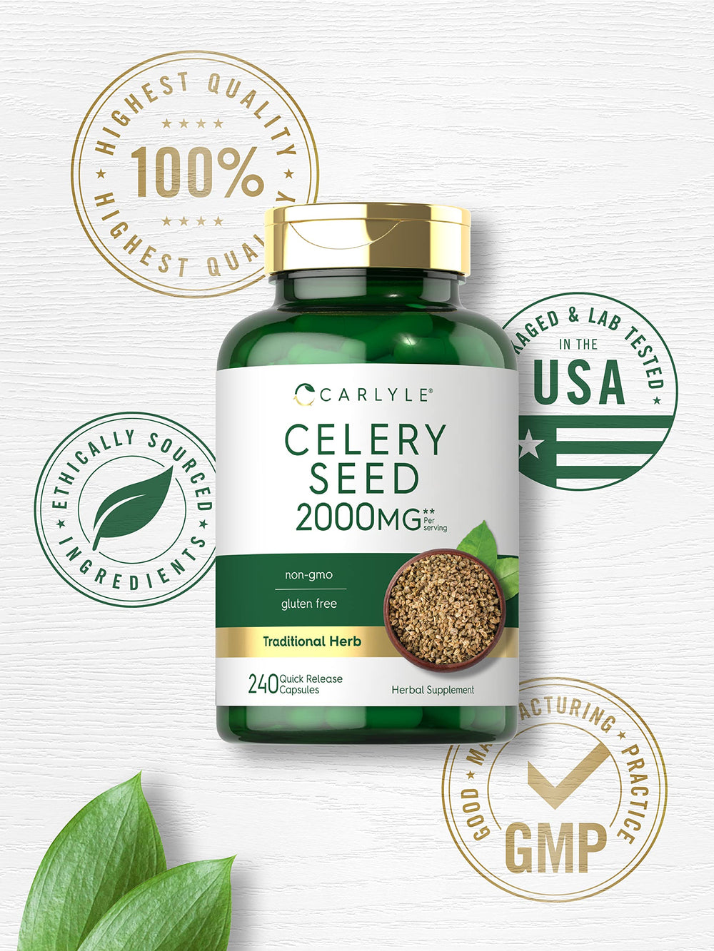 Carlyle Celery Seed Extract glass bottle on a clean shelf.