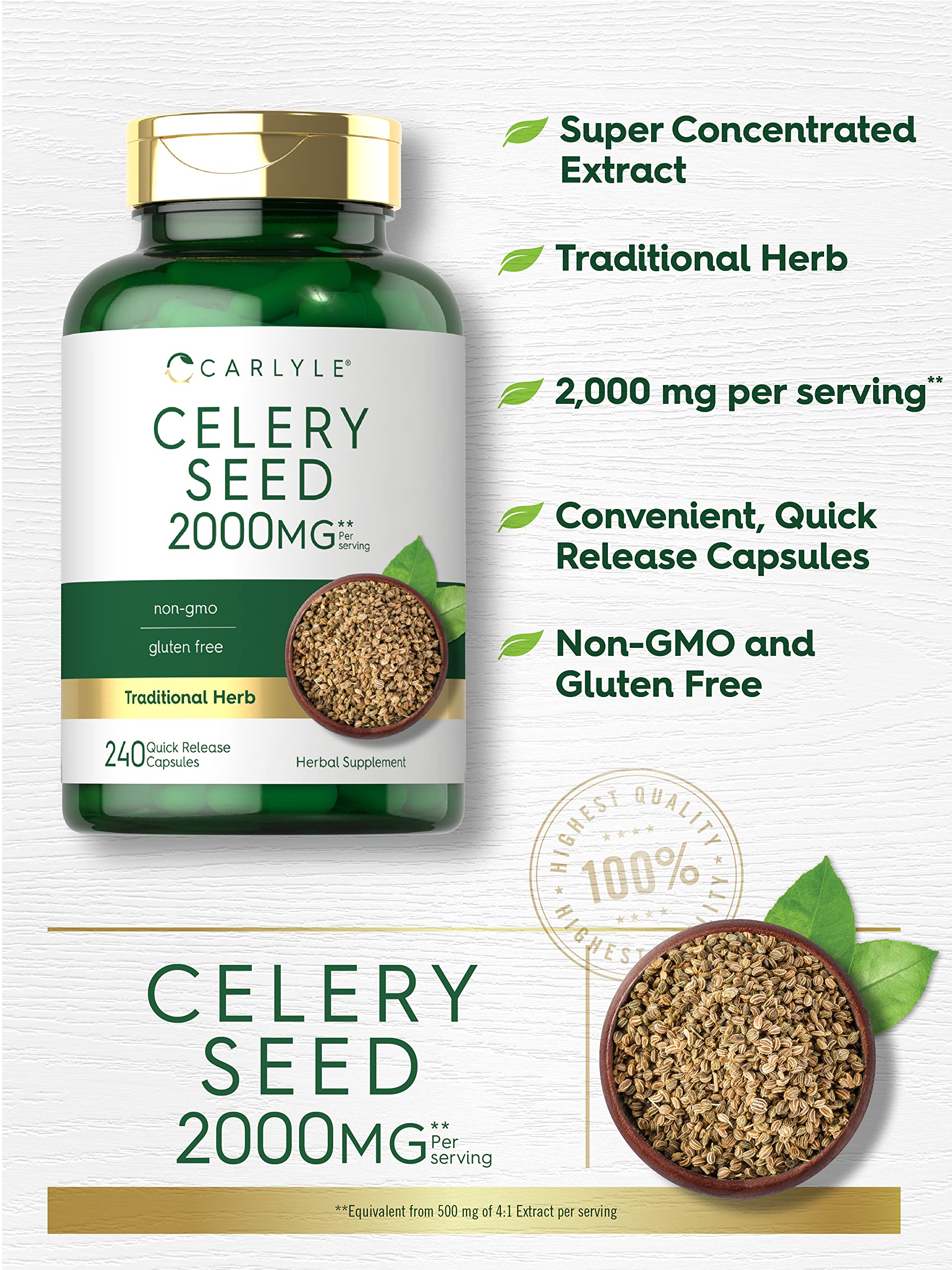 Carlyle Celery Seed Extract packaging box highlighting gluten-free claim.