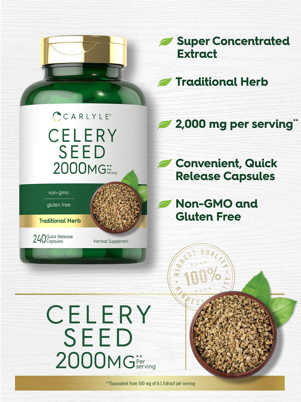 Carlyle Celery Seed Extract packaging box highlighting gluten-free claim.
