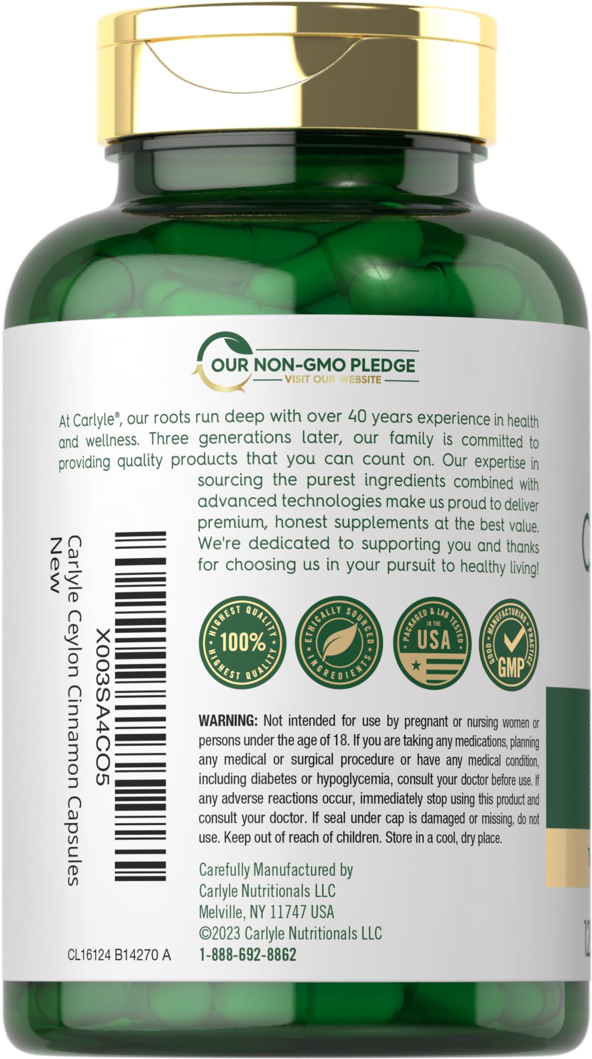 Carlyle Ceylon Cinnamon label detail emphasizing quality and non-GMO formulation.