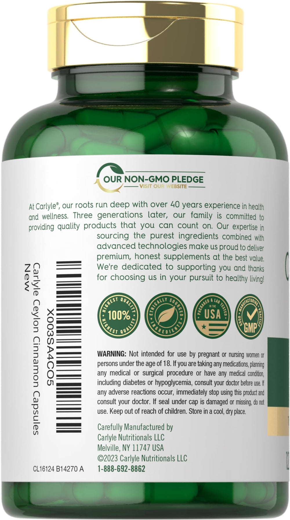 Carlyle Ceylon Cinnamon label detail emphasizing quality and non-GMO formulation.