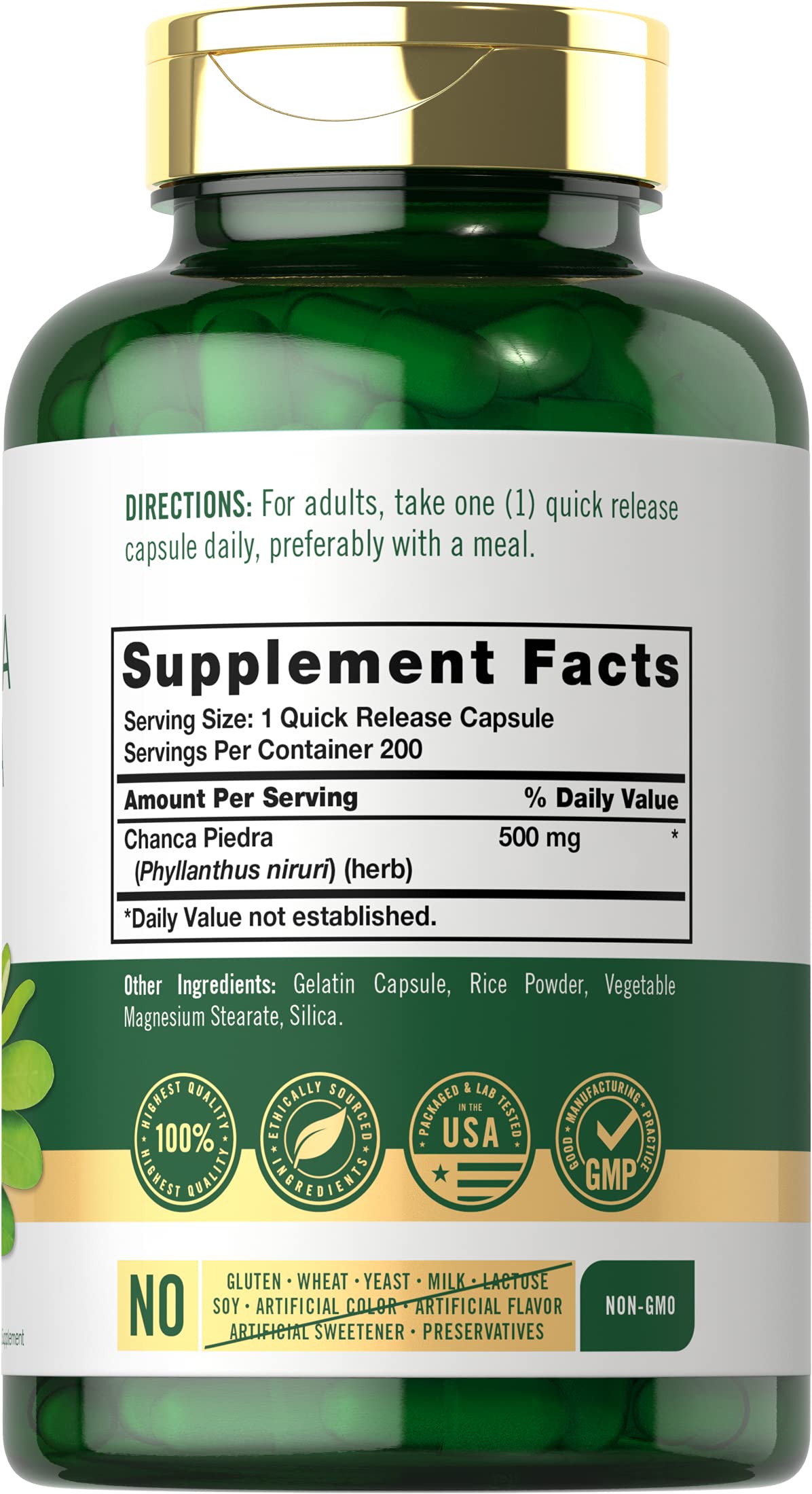 Carlyle Chanca Piedra capsules close-up highlighting 500 mg serving.