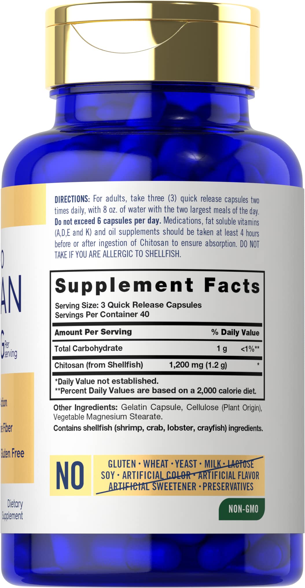 Carlyle Chitosan 1200 mg, frasco de 120 cápsulas de liberación rápida.