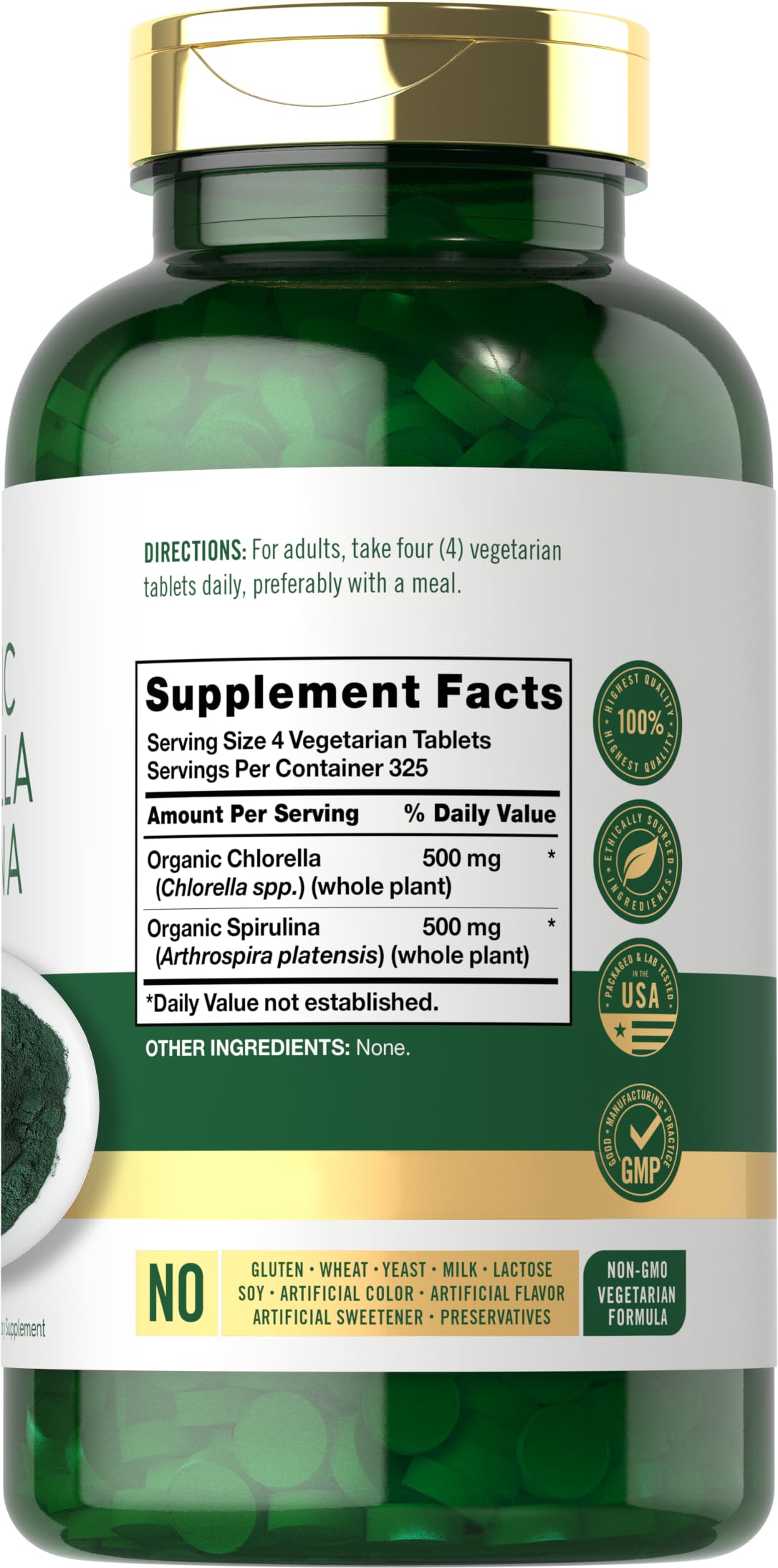 Carlyle chlorella spirulina tablets close-up showing compact vegetarian supplement