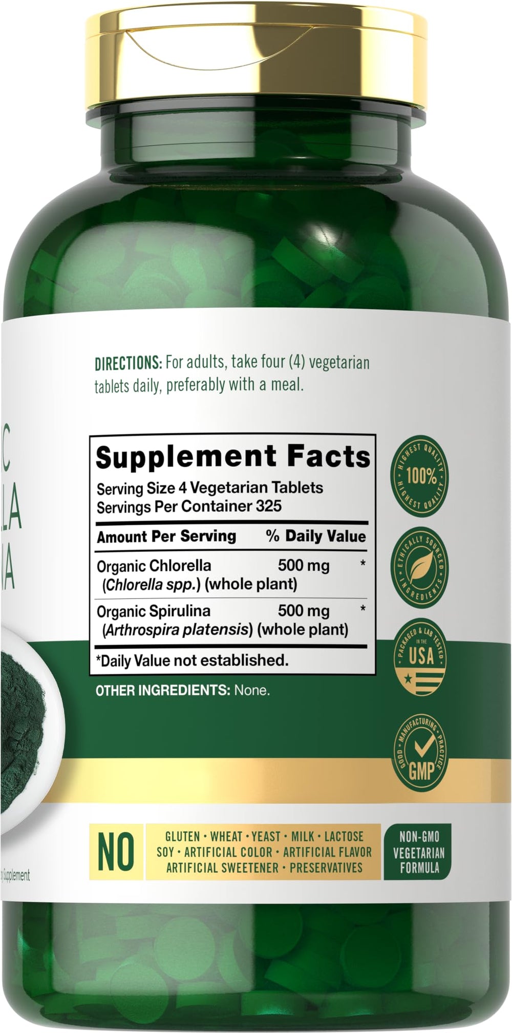 Carlyle chlorella spirulina tablets close-up showing compact vegetarian supplement