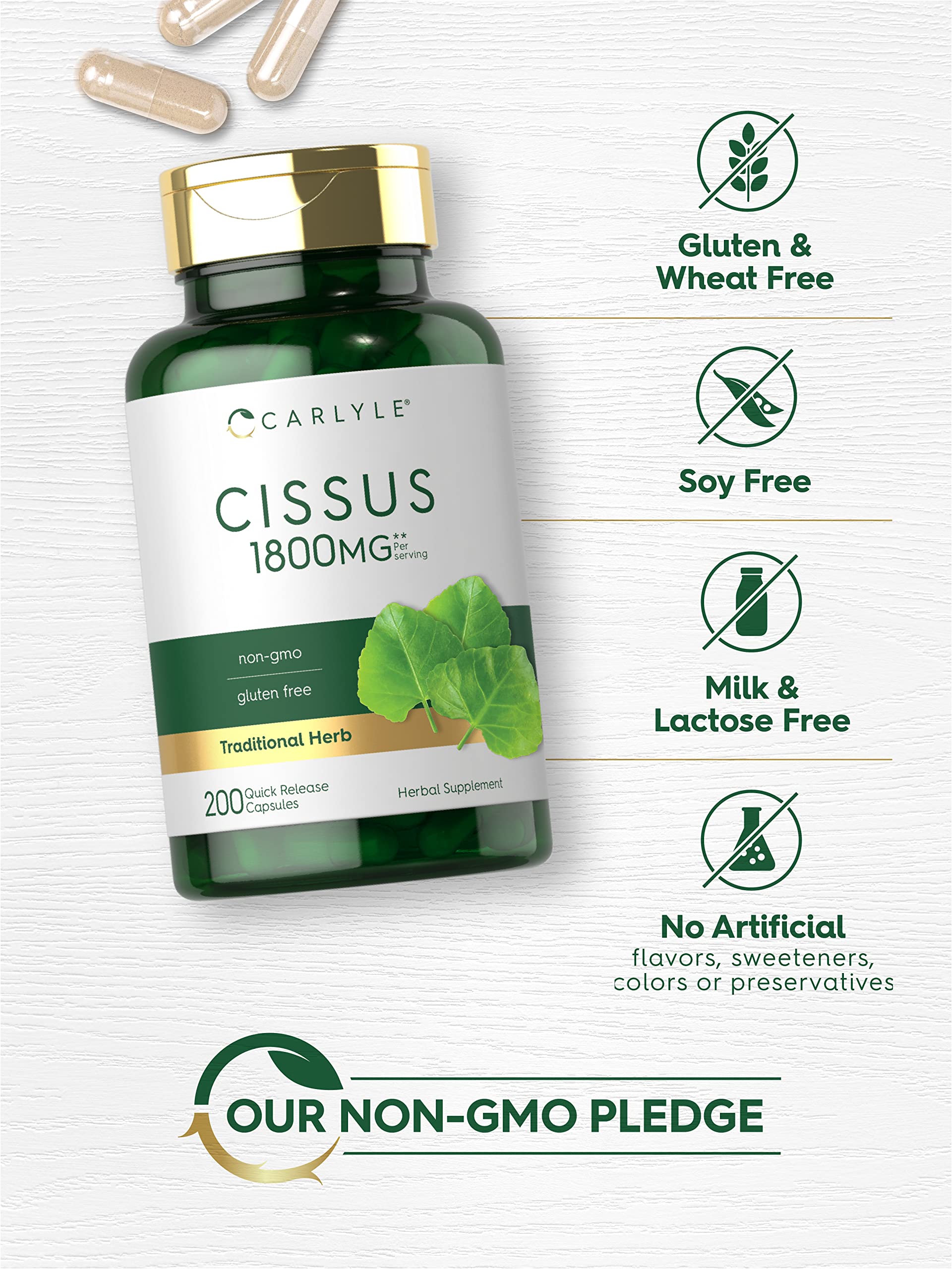 Bottle side view of Carlyle Cissus Quadrangularis with gluten-free formula