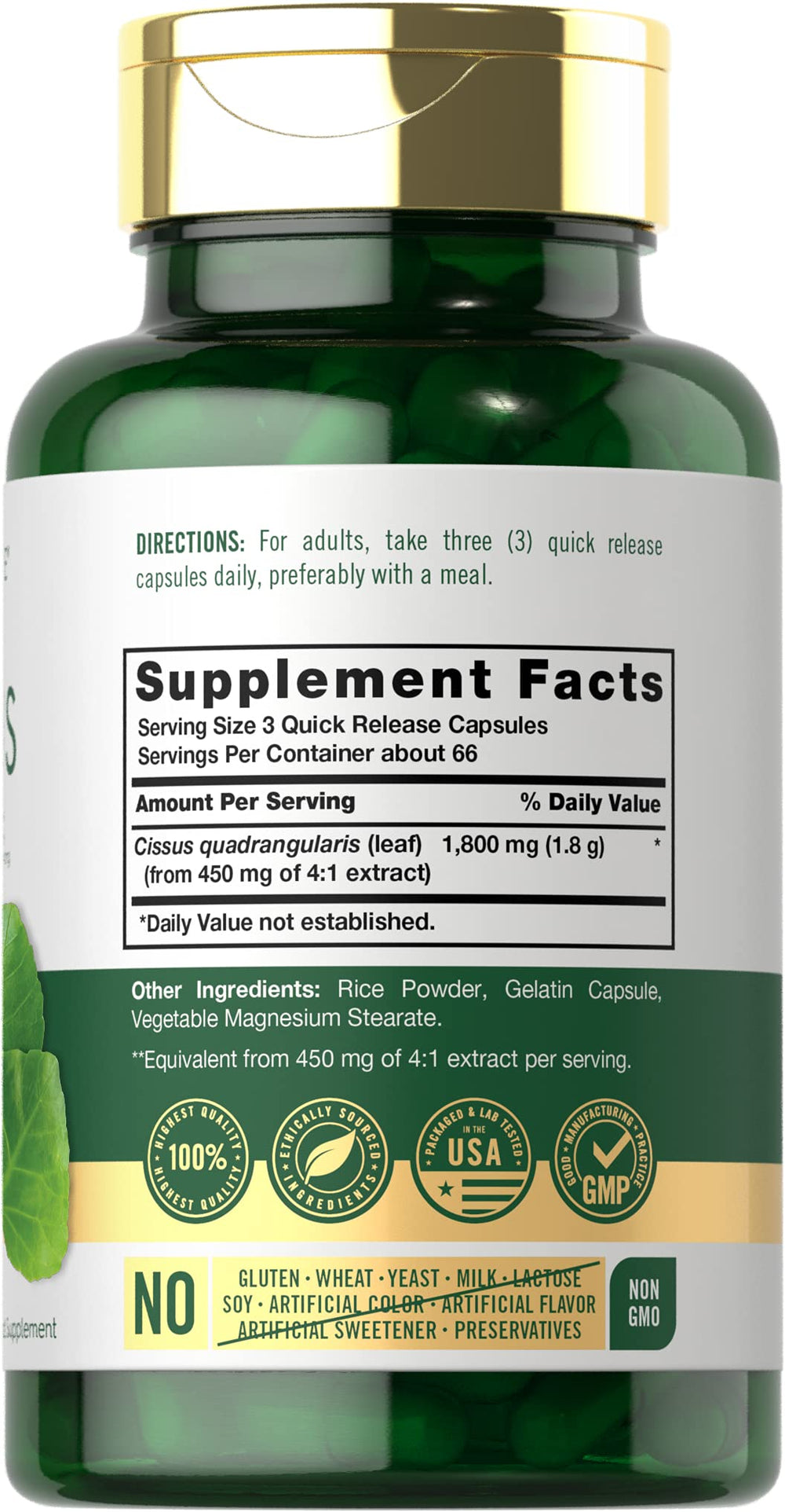 Capsules closeup showing 1800mg potency of Carlyle Cissus