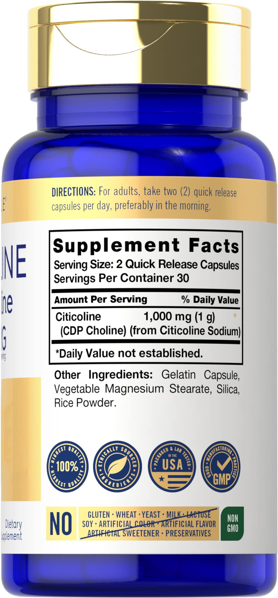 Carlyle Citicoline capsules close-up, quick-release design for easy daily use.