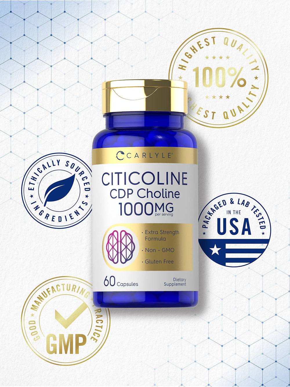 Carlyle Citicoline with lab-tested ingredients signifies trusted quality.