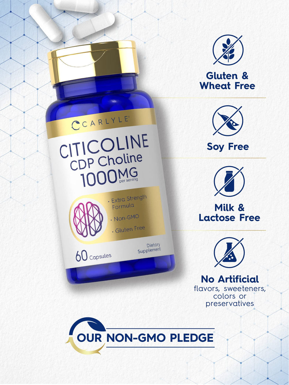 Carlyle Citicoline product packaging displays gluten-free and preservative-free icons.