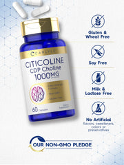 Carlyle Citicoline product packaging displays gluten-free and preservative-free icons.