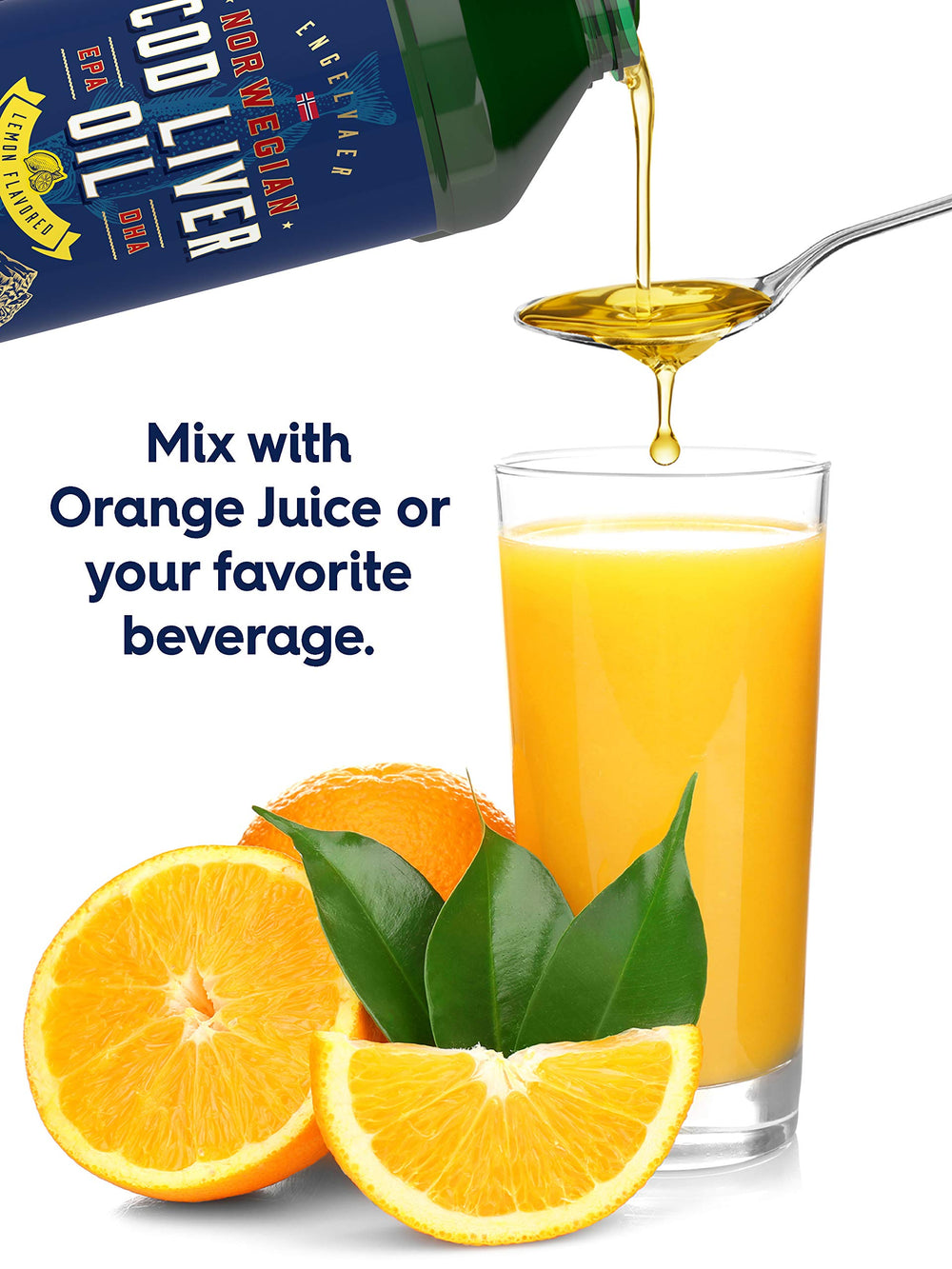 Carlyle cod liver oil liquid glass pouring, ready for daily use.